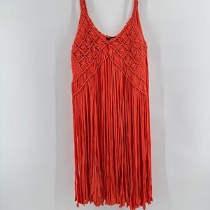 Boston Proper Macrame Fringe Dress Womens Medium Orange Boho Festival Flapper